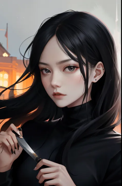 Long hair of a female killer，Gloomy eyes，Wear black tight-fitting clothes.，Hold two knives in your hand，Movement, ninja-like，Night view from the cliff，Smoke Spread，The cold wind howled，Shoot the knife light, like a shooting star.。