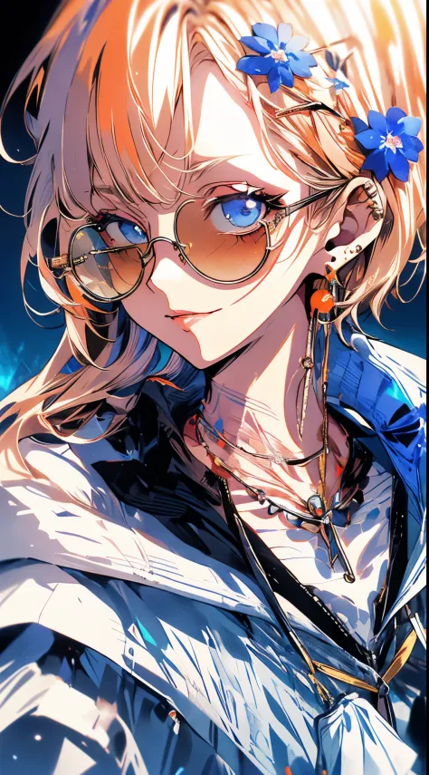 , (masterpiece:1.2), best quality,midjourney,
solo, tinted eyewear, jewelry, hair ornament, looking at viewer, black background, 1girl, short hair, blue eyes, earrings, simple background, flower, upper body, hair flower, orange-tinted eyewear, sunglasses, ...