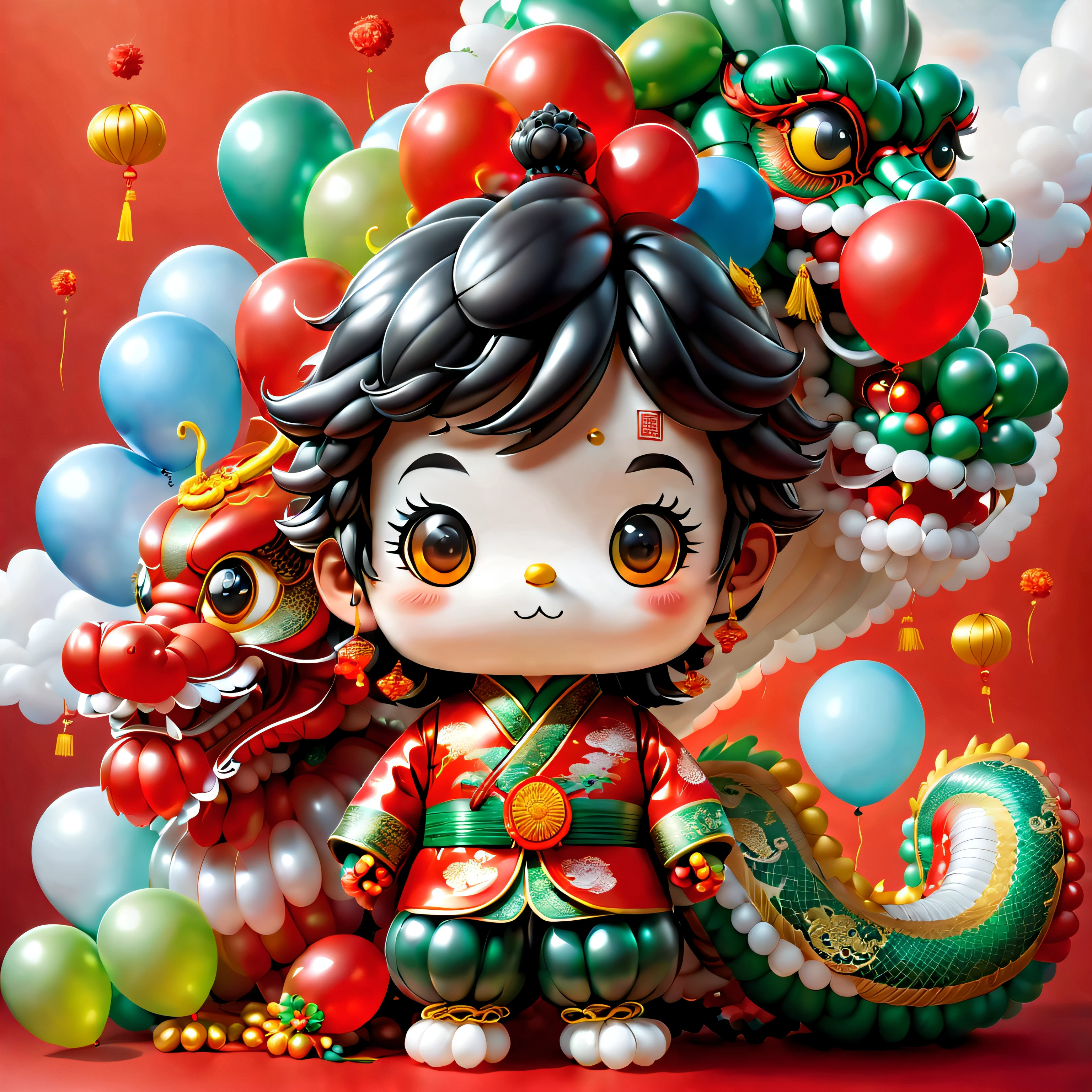 ((1 cute and festive balloon Chinese dragon and a balloon boy, Wearing traditional Chinese clothes made of balloons, UE5, firecrackers, Auspicious clouds, fundo vermelho)), Cute and detailed digital art, lovely digital painting, Cute balloon penguin, Lovely detailed artwork, ((Cute vector illustration)), digital painting very detailed, Cute and colorful, cute big breasts, Highly detailed digital artwork, detail-rich、plethora of colors