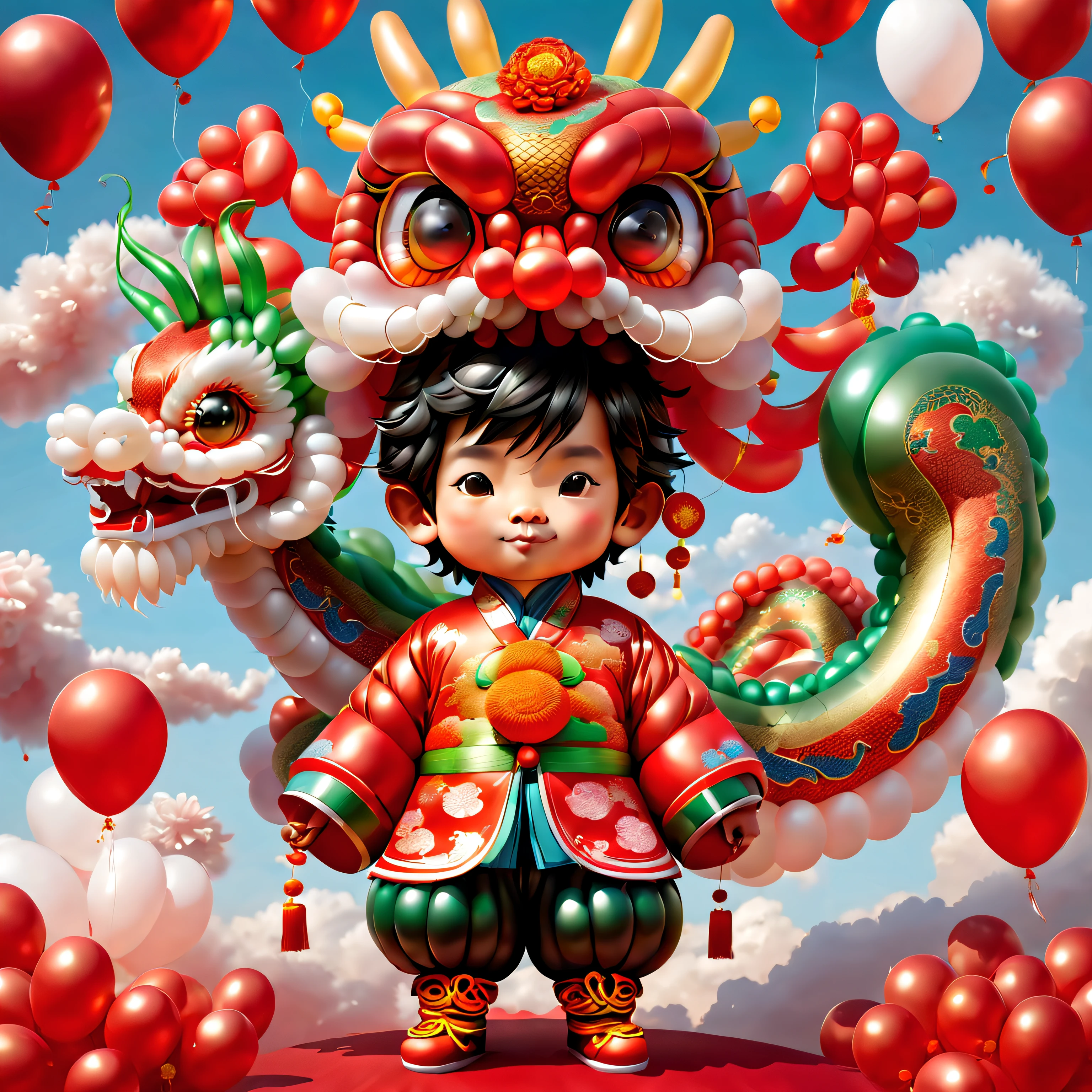 ((1 cute and festive balloon Chinese dragon and a balloon boy, Wearing traditional Chinese clothes made of balloons, UE5, firecrackers, Auspicious clouds, fundo vermelho)), Cute and detailed digital art, lovely digital painting, Cute balloon penguin, Lovely detailed artwork, ((Cute vector illustration)), digital painting very detailed, Cute and colorful, cute big breasts, Highly detailed digital artwork, detail-rich、plethora of colors