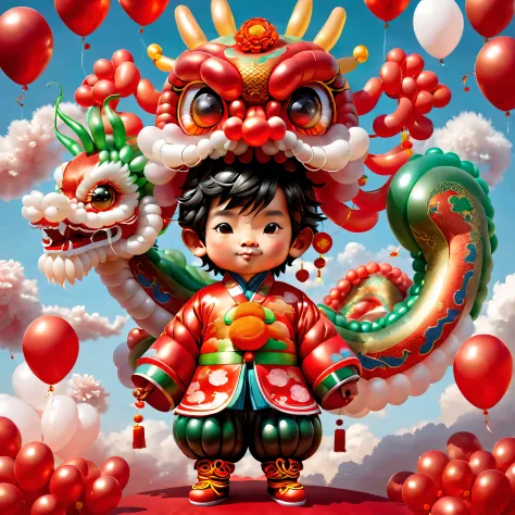 ((1 cute and festive balloon Chinese dragon and a balloon boy, Wearing traditional Chinese clothes made of balloons, UE5, firecr...