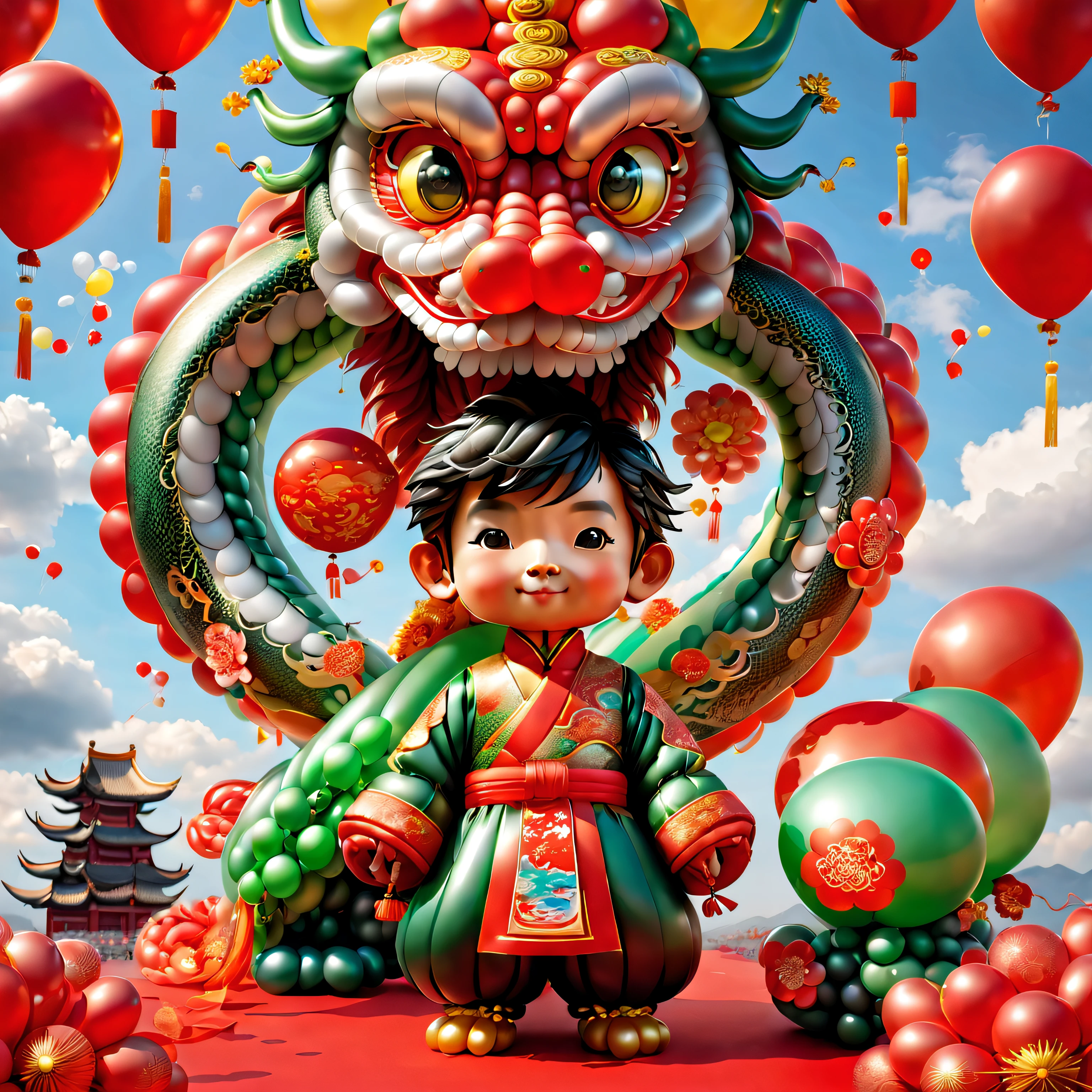 ((1 cute and festive balloon Chinese dragon and a balloon boy, Wearing traditional Chinese clothes made of balloons, UE5, firecrackers, Auspicious clouds, fundo vermelho)), Cute and detailed digital art, lovely digital painting, Cute balloon penguin, Lovely detailed artwork, Cute 3d rendering, digital painting very detailed, Cute and colorful, cute big breasts, Highly detailed digital artwork, detail-rich、plethora of colors