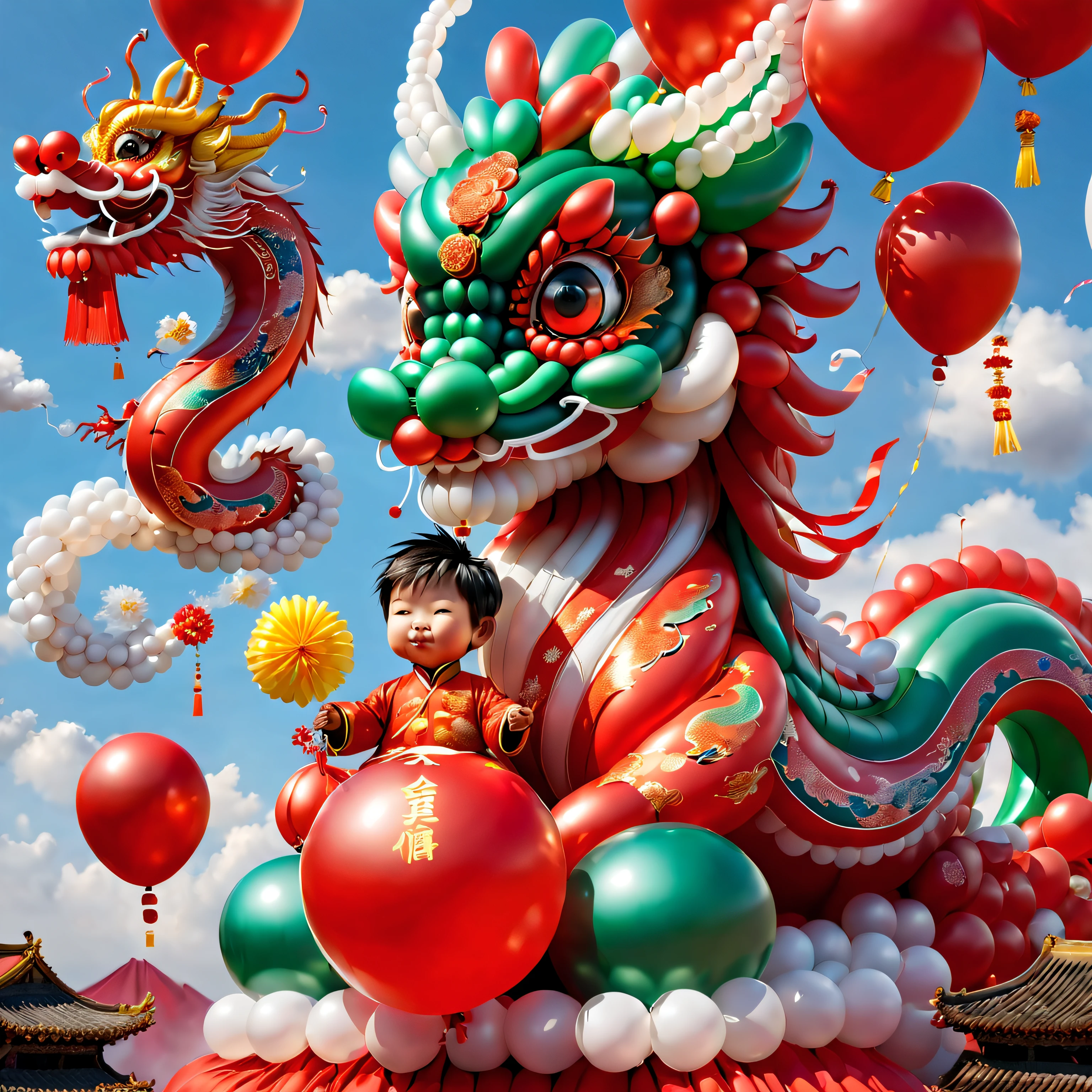 ((1 süßer und festlicher Ballon chinesischer Drache und ein Ballonjunge, Tragen Sie traditionelle chinesische Kleidung aus Luftballons, UE5, Feuerwerkskörper, glückverheißende Wolken, Roter Hintergrund)), Niedliche und detaillierte digitale Kunst, schönes digitales Gemälde, Süßer Ballon-Pinguin, Schöne, detaillierte Kunstwerke, süße 3D-Darstellung, digitale Malerei sehr detailliert, süß und bunt, Süße große Brüste, Hochdetailliertes digitales Kunstwerk, detail-rich、Fülle von Farben