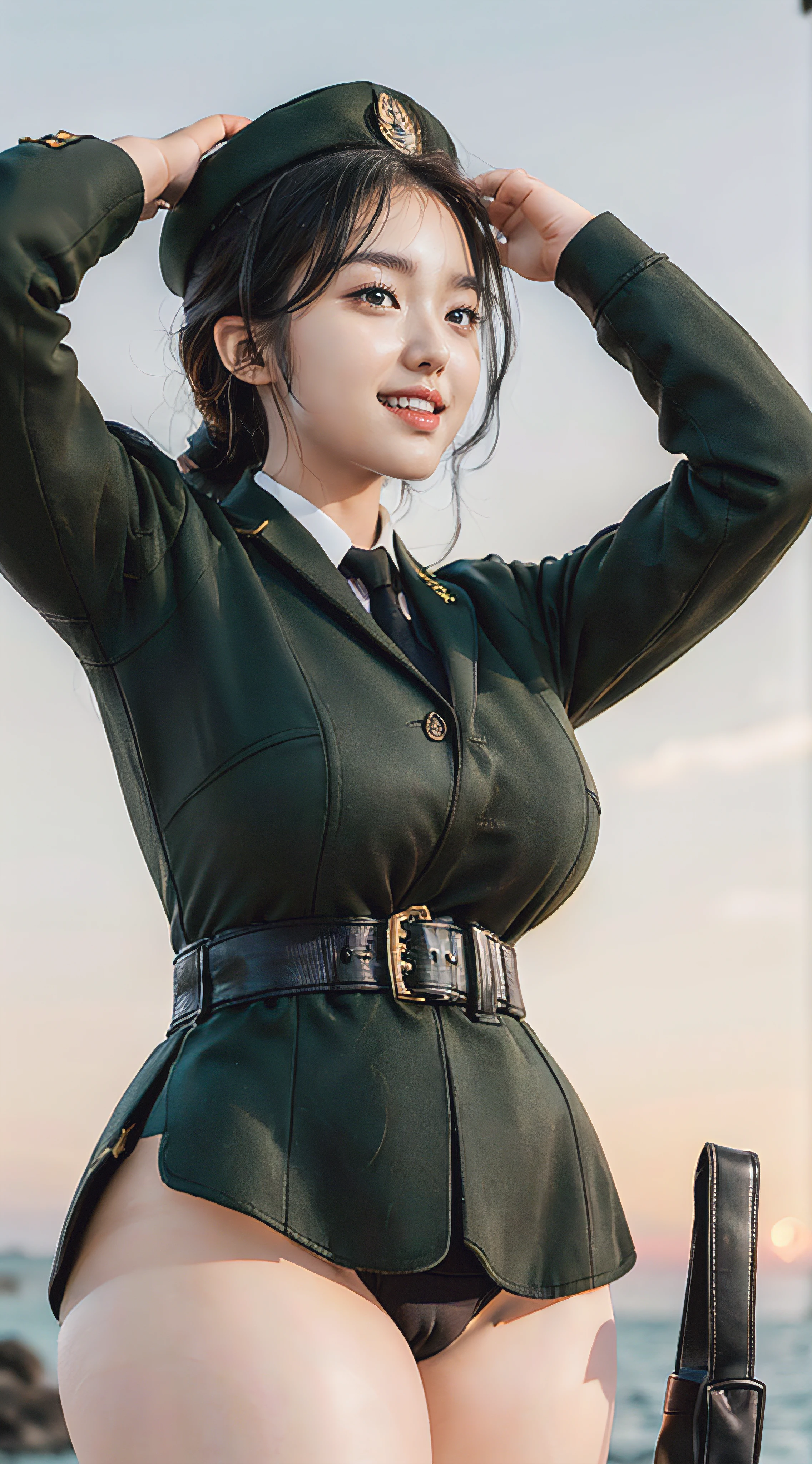 Usually detailed CG Unity 8K wallpaper，（tmasterpiece），（Best quality），（ultra - detailed），（ultra real photo），（best character detail：1.36），Nikon D750F / 1.4 55mm，RAW photogr，profesional lighting， physically-based renderingt, 1 plump girl, girl soldier，(Dark green military uniform，(Dark green military uniform)，buisness suit，Fabric texture military uniform, Perfect military calm)，(Wear a plain white shirt under the jacket:1.25)，(black necktie)，((Black panty,))，Bareleged，Plump legs，black hair color hair，(military hat，Large wavy curls，Do not tie your hair，Short hair details，Twist braids)，the golden ratio,[:(Have a delicate face:1.2):0.2]:，pure love face_v1，thick bushy eyebrows，Wide shoulders,(gigantic cleavage breasts:1.55),(gigantic ass),(Plump thighs:1.45),(Wide crotch:1.55),(I look up from below:1.55)，((Place your finger to your mouth):1.4)，Close-up Shot Shot，((smiling with narrow eyes，Smile full of confidence，There is one by the sea):1.35)，(((Close-up of panties),Close-up of chest,facial closeups,Front view))，(Sunset sky，gentlesunlight，sunshine on face，(light shining on face)，blue-sky，Sunny smile，light glow)，white teeth，(looking at me)，(((thicc, bbw sauce, thick tight, Wide hips, Buttocks swell crazily,🐎🍑) )，azur lane style)，high-heels，