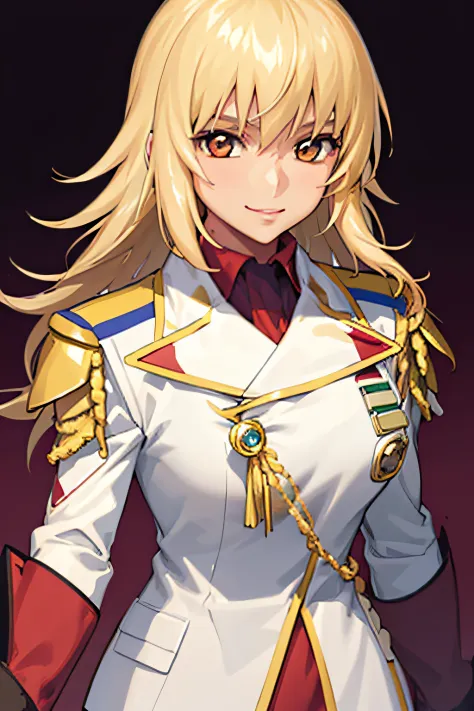 masterpiece, best quality, 1girl, cagalli, blonde hair, brown eyes, commander, epaulettes, military uniform, smile, solo, upper ...