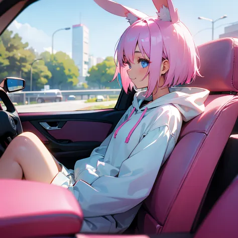 (Solo girl around 20 years old), (Pink bob hair), Blue eyes, Rabbit ears, hoodie, light smile, from side, (driving a car:1.2)