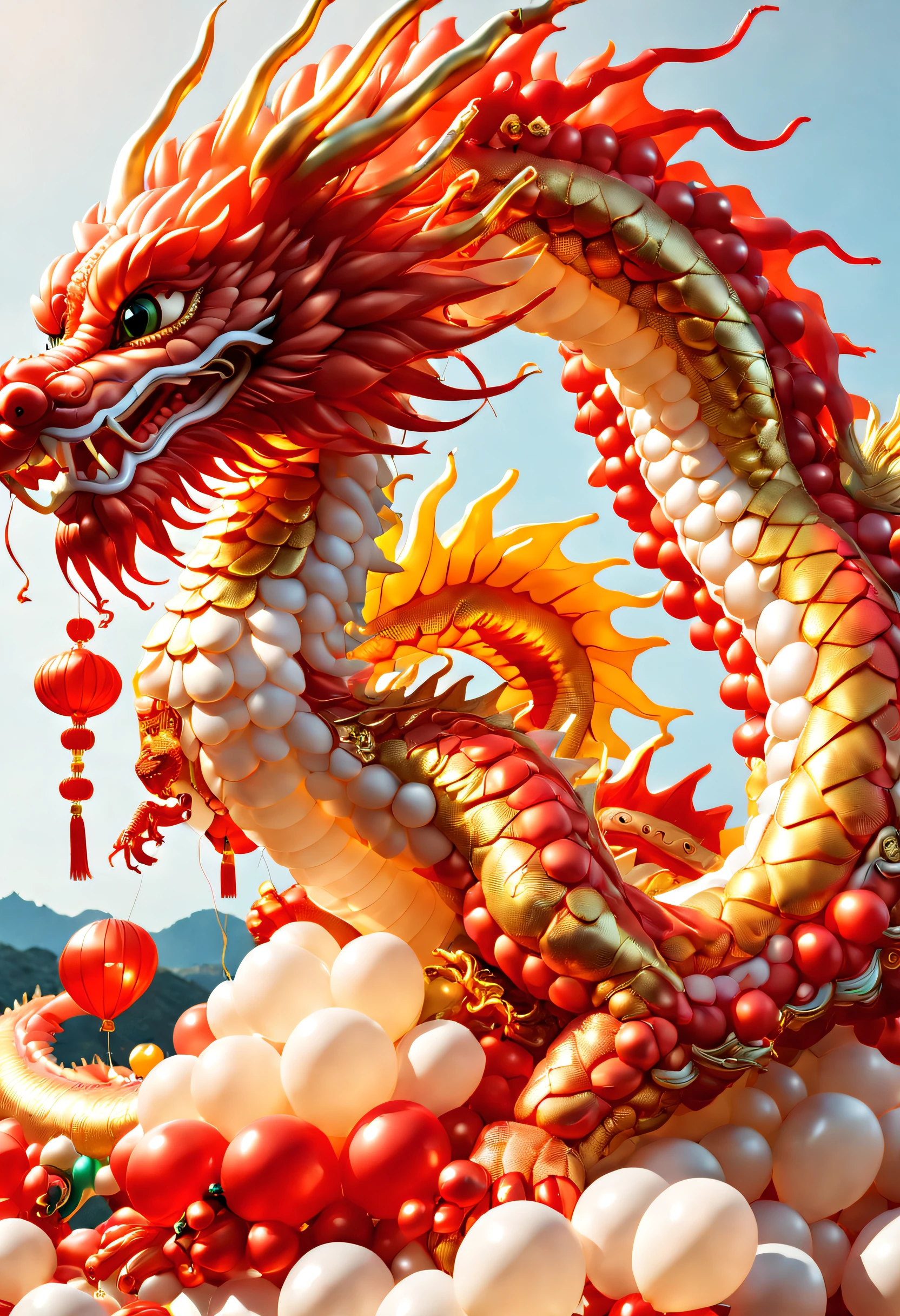 baronzi, (Chinese dragon made from balloons, Red and gold Chinese dragon, Fly in the sky), (Chinese New Year), extreamly cute，holiday holidays, ((firecrackers)), (((Cute child holding Chinese dragon balloon)))，fundo vermelho