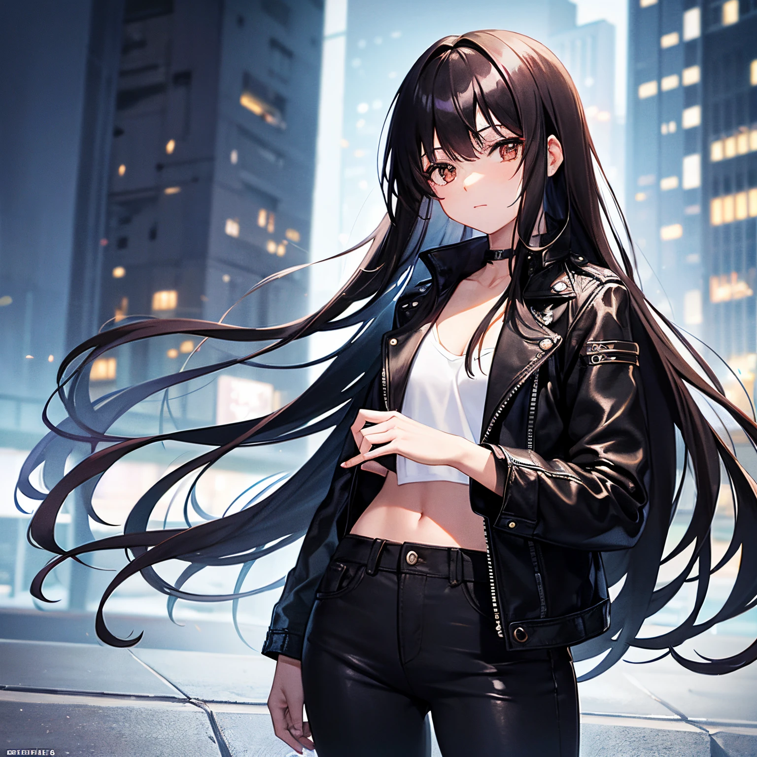 20 Year Old Girl, Long black hair, loose hair, bangs on her head, Brown eyes, small chest, black leather jacket, Jeans, Background: modern city, night time, Better quality, high detail,