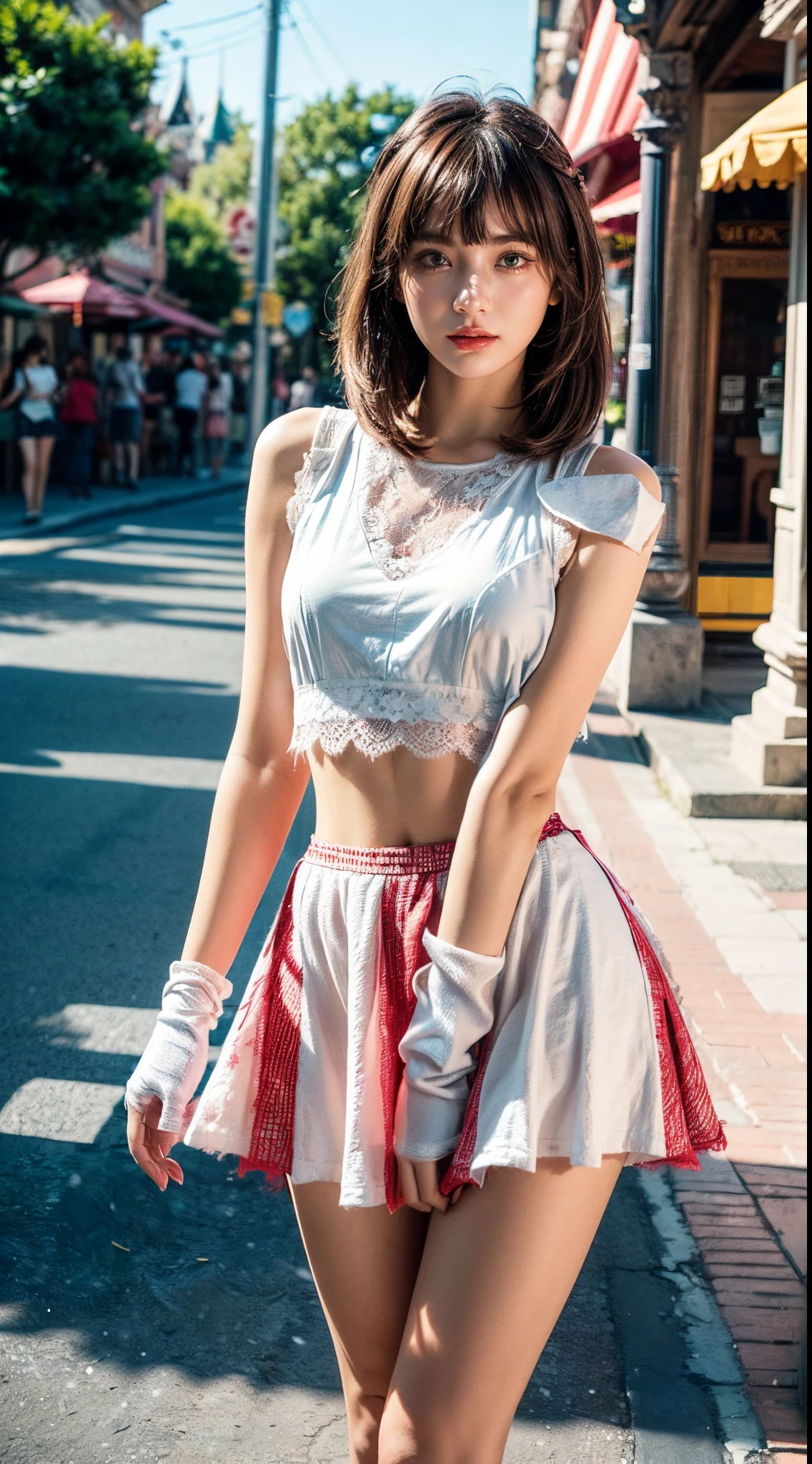 A woman in a short skirt and top posing on a street - SeaArt AI