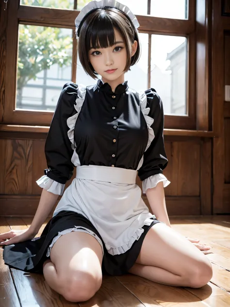 ​masterpiece、ultra-detailliert、8K、Awesome、Shorthair with bangs、Black Maid Outfit、Maid Cafe、smil、Sitting upright on the floor、Ope...