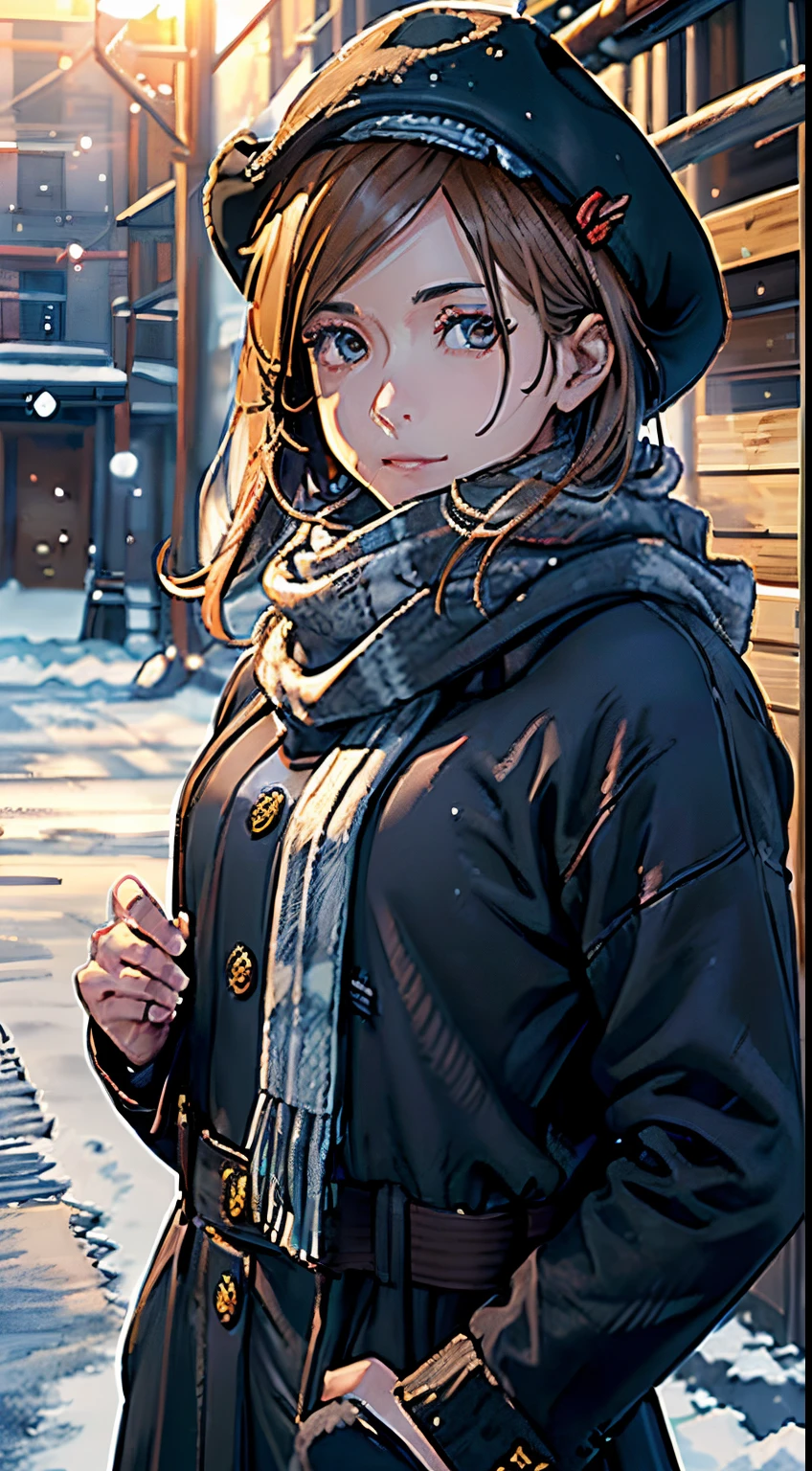 ((巨作:1.2, best quality), (CG Unity 8K wallpaper highly detailed, best shadow), highly detailed, (beautiful eyes detailed: 1.2), ((winter clothes, daylight, winter))), ( Cowboy Shot: 1.2), anime, city, 巨作, best quality, high detail, 4K