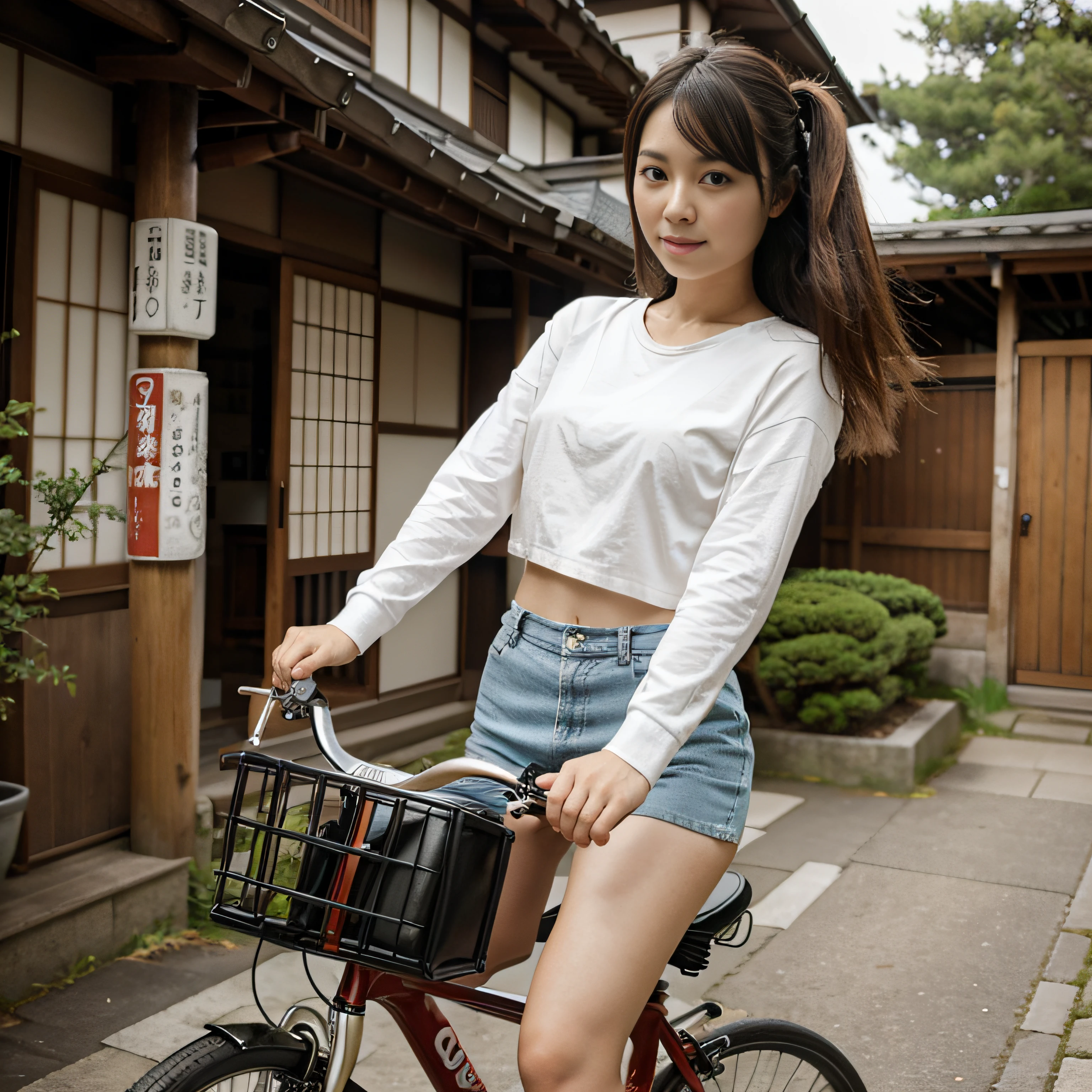 Arafed asian woman riding a bike in a japanese village - SeaArt AI