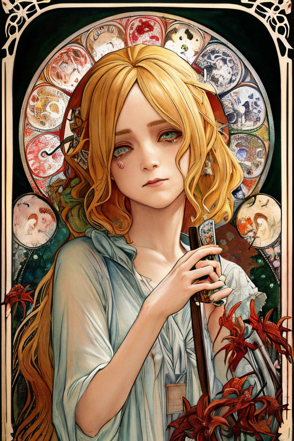 SFW,masutepiece, Best Quality, High resolution, 1girl, upper body, Details , detail hands, Detail fingers, Detail Face, detail legs, watercolor paiting, in graveyard, blonde hair, long hair, wavy hair, tattered clothes, blue eyes, zombie, skull, bone, (art nouveau:1.25), Maximalism artstyle, neon theme, suprematism, crying, beautiful detailed eyes,hyper detailed, beautifuly color, high details, high quality, back light, upper body , high quality, hair with body, cluster amaryllis, zombie, knife,