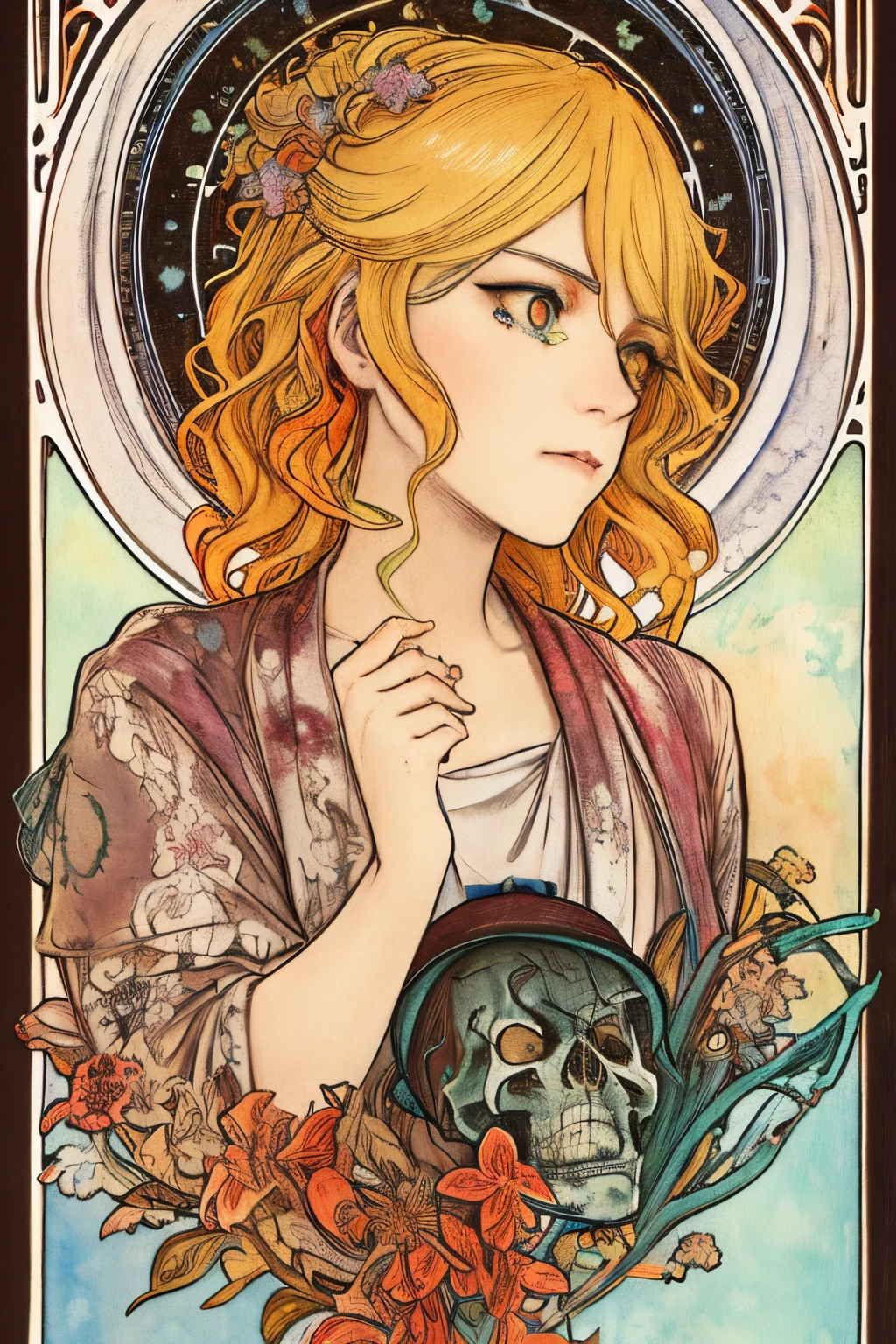 SFW,masutepiece, Best Quality, High resolution, 1girl, upper body, Details , detail hands, Detail fingers, Detail Face, detail legs, watercolor paiting, in graveyard, blonde hair, long hair, wavy hair, tattered clothes, blue eyes, zombie, skull, bone, (art nouveau:1.25), Maximalism artstyle, neon theme, suprematism, crying, beautiful detailed eyes,hyper detailed, beautifuly color, high details, high quality, back light, upper body , high quality, hair with body, cluster amaryllis, zombie