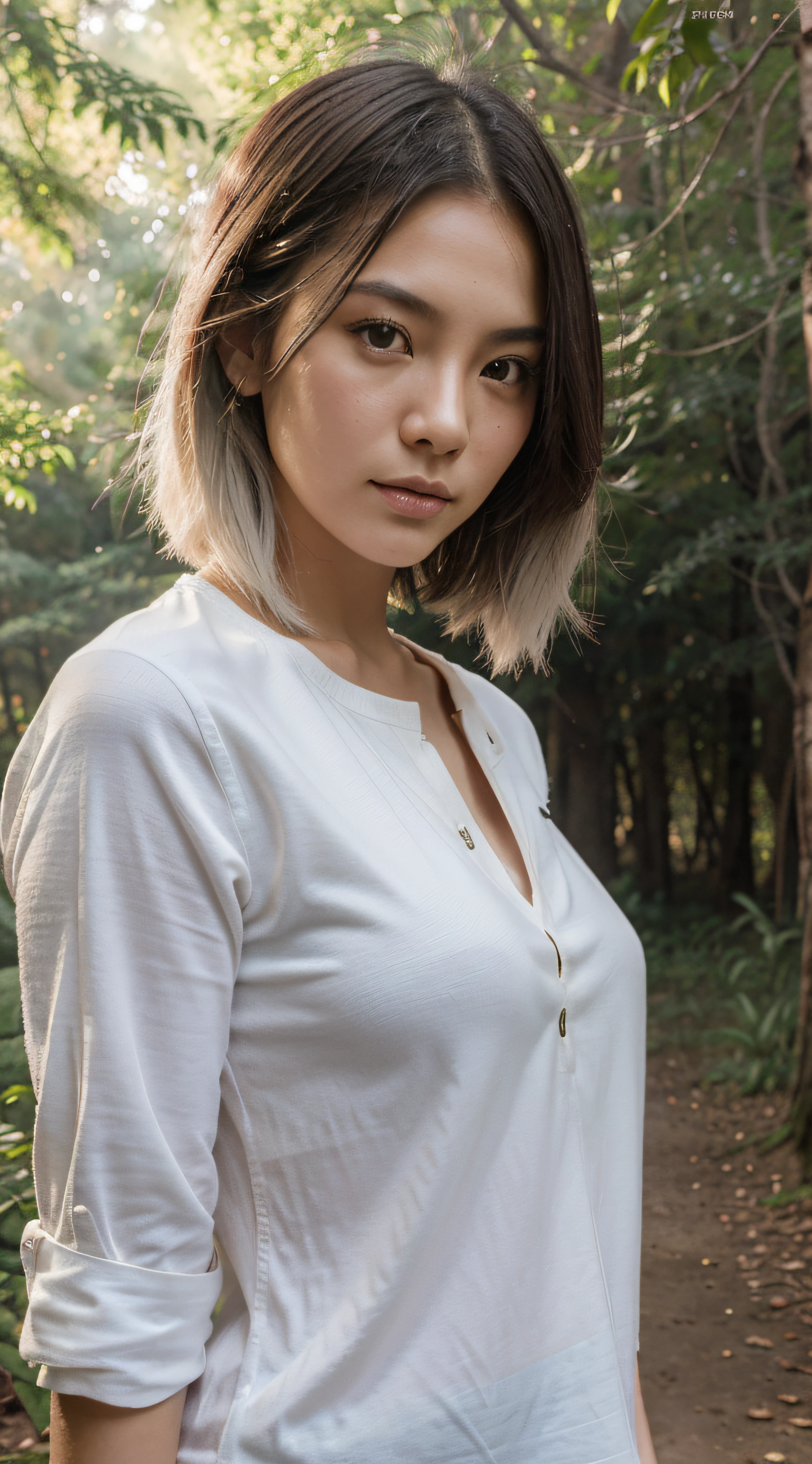 detail plan, 20-year-old, asian girl, asian factions, French Bob Style Hair, dyed white hair, green eyes, Looking at the camera, photorealistic portrait, huge detail, White skin, light clothing, ultra detailed face, hyperrealistic image style, In the woods, dense forest, blurred background, trees and vegetation in the background, center light, Realistic light, Sun light, profesional photography, 4k