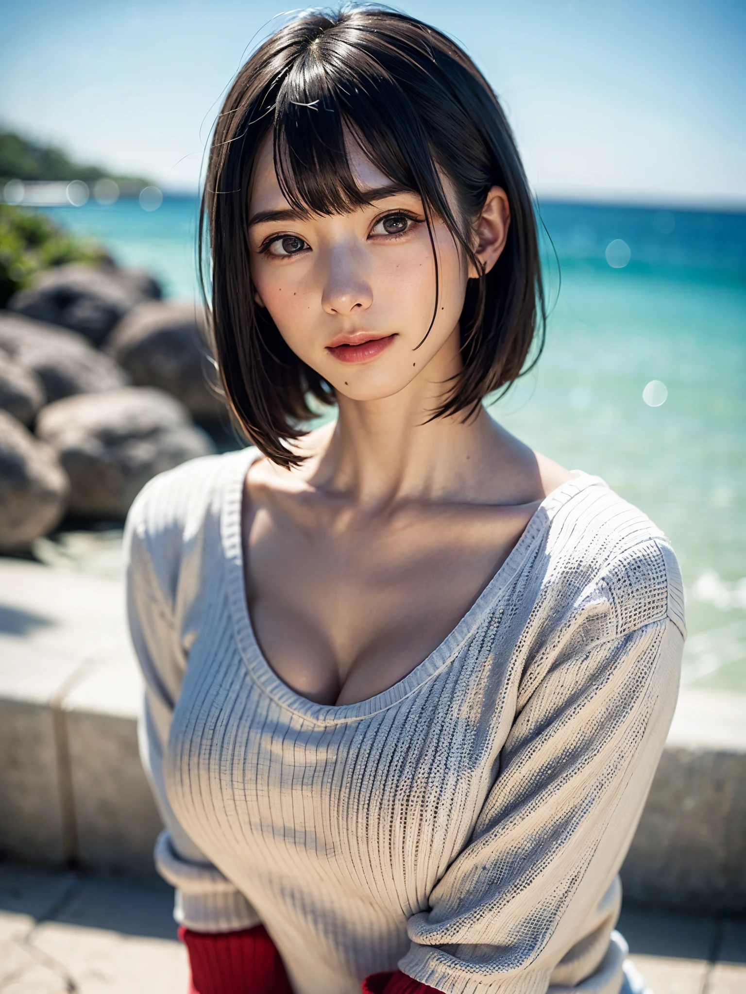 女の子1人、top-quality、realisitic、独奏、depth of fields、natural soft light、during daytime、魅惑的、beauitful face、Cleanliness、Pure face、de pele branca、kawaii、short-hair、bangss、the beach、rays of sunshine、nedium breasts、full body Esbian、((Sweaters、Beautiful face of golden proportions、Symmetrical beautiful face))、long neck、Put your ears out、Clean short bob hair with bangs、Smile with your mouth closed、Perfect fingers、perfect hand、Perfect body、face perfect、Shine a light into the eyes、Perfect Anatomy:1.4、very cute super model:1.4