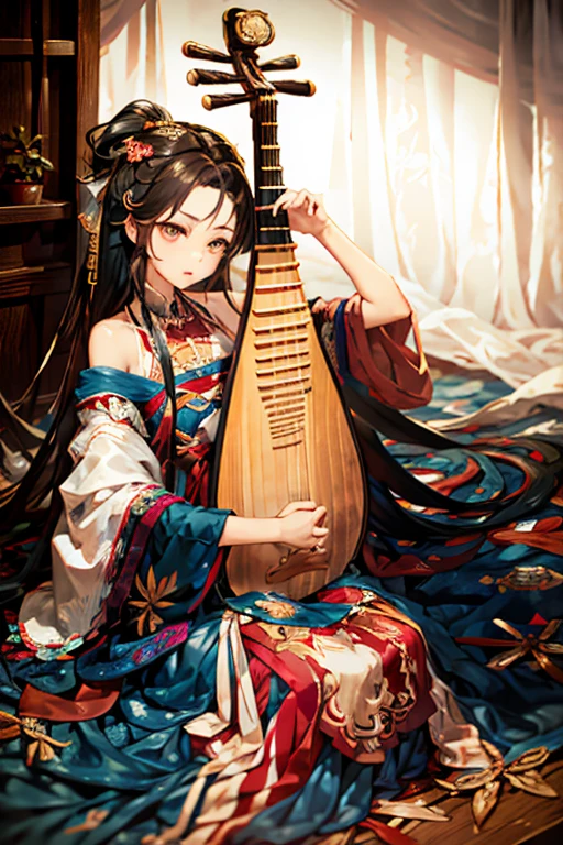 14 years old,1girl in, (Playing_pipes, Hold pipa), Flat breasts, Chest Overview, 
Long straight hair, (Black hair), off shoulder top, 
masutepiece, Best Quality, 8K