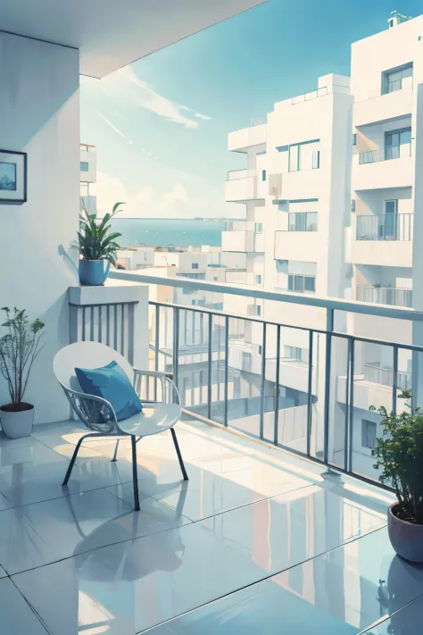 conjunto de apartamentos, largos pasillos, todo blanco, large balcony, cielo azul, hermoso paisaje, personas que caminan