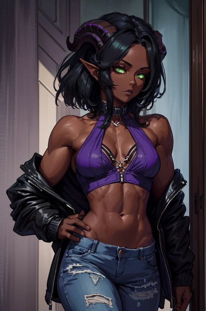 (Masterpiece) (High Detail) (High Res) (Black Skin) Looking from above A young black humanoid FutEred with dark skin and ebony flesh and green eyes and short black hair and goat ears and short dark goat horns and a toned teen body and small to average breasts dressed like a punk wearing a purple jacket with her shoulders exposed and jeans