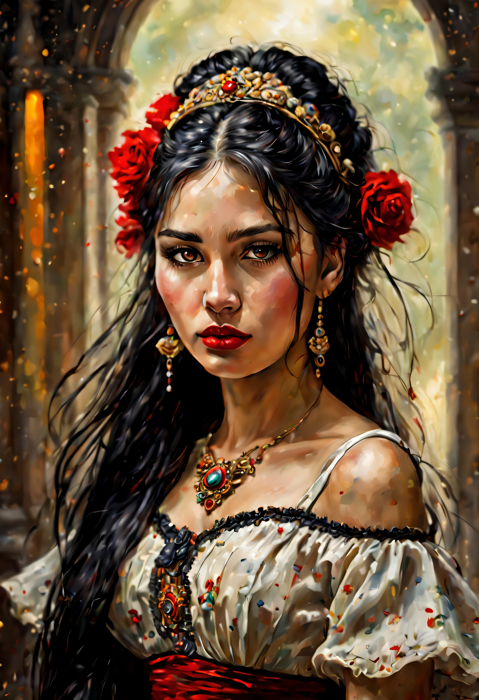 Jeune femme bolivienne aux longs cheveux noirs., Robe typique, Image riche en détails,
Clair, peinture peinture à l&#39;huile, rouge à lèvres, éclairage dramatique, extrêmement réaliste, 8k,
détails fous, complexe, bokeh, prise avec un objectif 60 mm, ISO 300, F/4, 1/200e,
Des couleurs vives, par Pino Daeni, Vincent Van Gogh, Luis Royo, Frank Frazetta