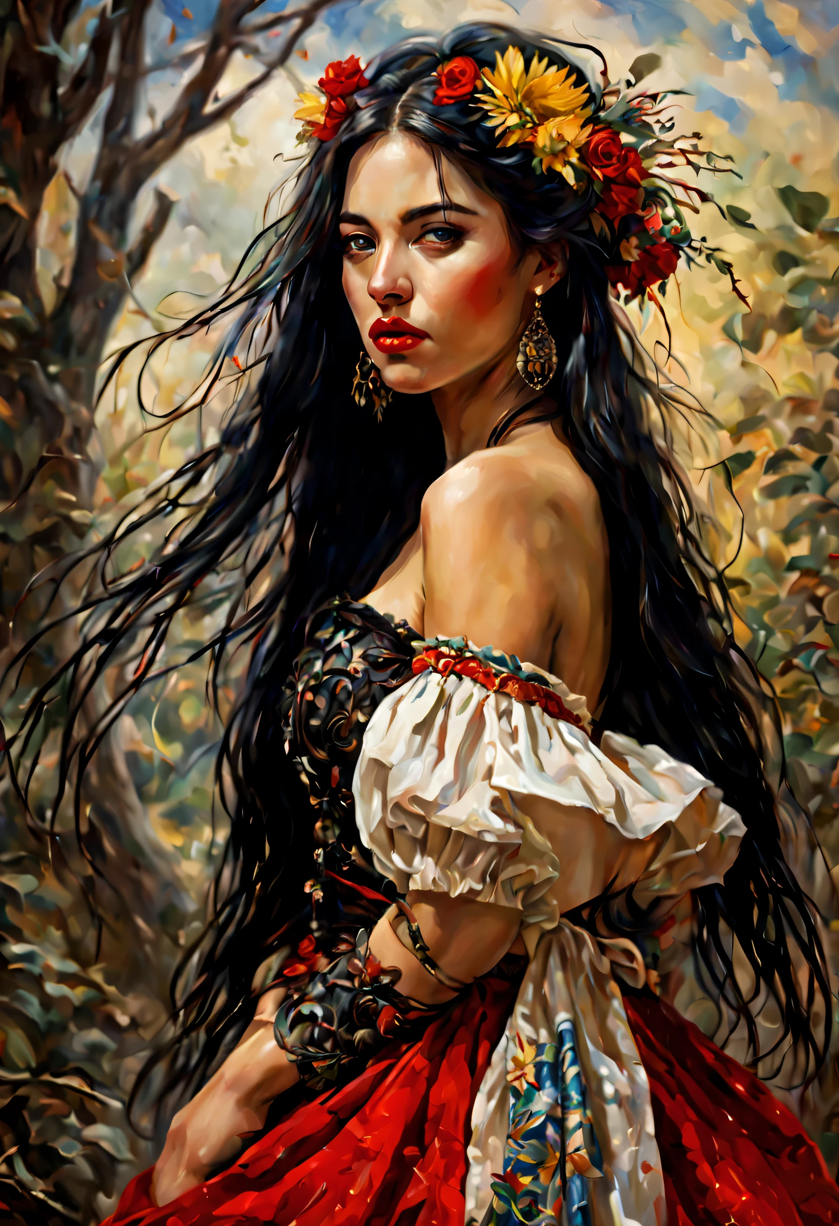 Young Bolivian woman with long black hair., Typical dress, Image rich in details,
Clear, painting oil painting, red lipstick, dramatic lighting, extremely realistic, 8k,
crazy details, intricate, bokeh, taken with a 60mm lens, ISO 300, F/4, 1/200th,
vivid colors, by Pino Daeni, Vincent Van Gogh, Luis Royo, Frank Frazetta