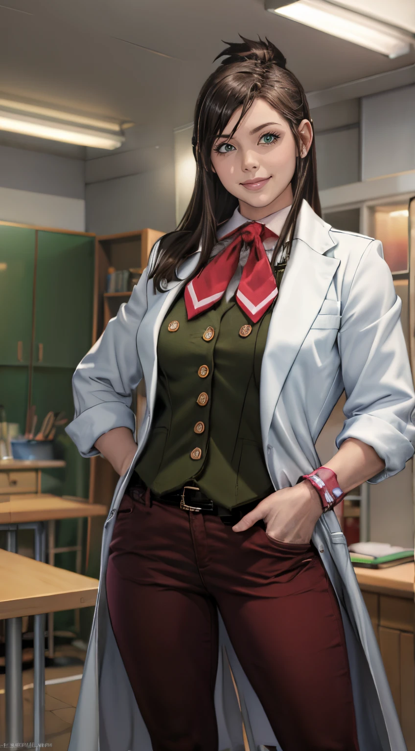 (tmasterpiece, Best quality:1.2), Alone, 1 girl, Emma Skye, ssmile, wearing tinted glasses, Open your clothes, lab coat, rolled up sleeves, Green vest, Red Tie, Brown pants, Wristbands, Colossal tits, Crazy breast swelling, Chest larger than shoulder blades, The waist is thin and the legs are thick, Pelvis larger than shoulder blades, Fitness model, Ruddy cheeks, Place your hands behind your back