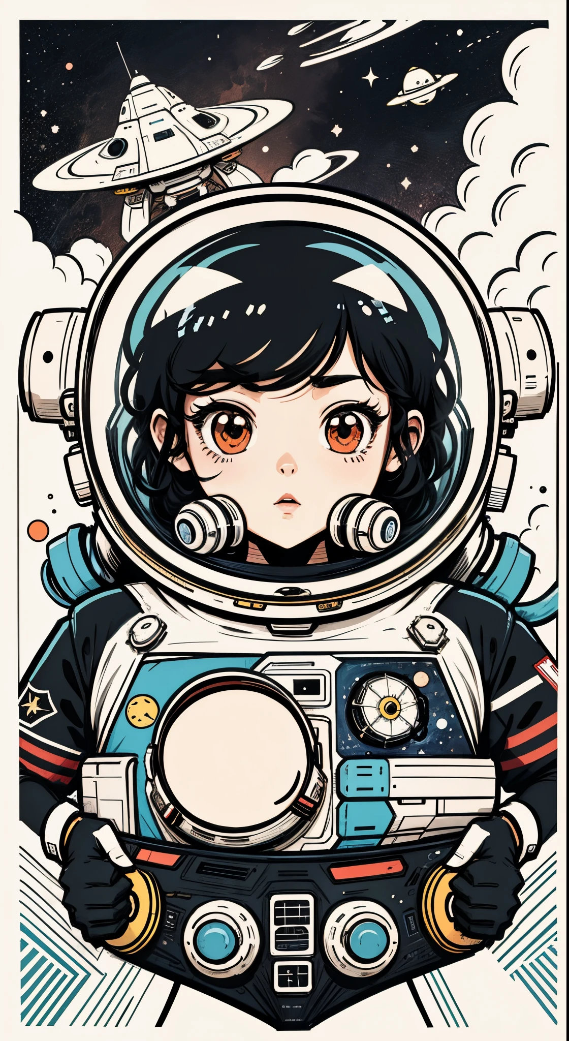 Weltraum-Plakatdesign。Raumschiff。Der Astronaut。Cartoon-Vektor-Stil, Schwarz Rot Blau。ändern， flacher Anime-Stil, Cartoon-Minimalismus, flache Vektorgrafiken, Flache Illustration, Niedliche Karikatur,