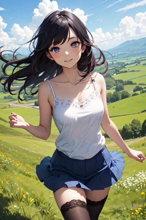 Very cute and beautiful girl,(very detailed beautiful face and eyes:1.2),(Happy),(White camisole),(Cowboy Shot),
zettai ryouiki,Beautiful legs,(Blue mini skirt),Dynamic Pose,Dynamic Angle,Black hair,twin braids,countryside,grassy fields,On the hill,Small m...