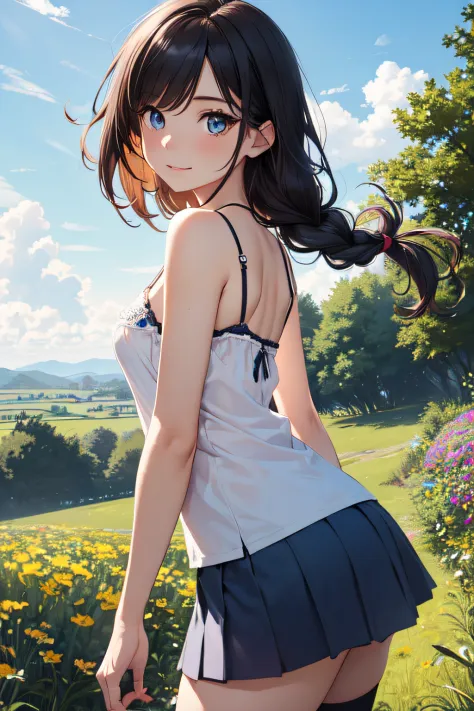 Very cute and beautiful girl,(very detailed beautiful face and eyes:1.2),(Happy),(White camisole),(Cowboy Shot),
zettai ryouiki,Beautiful legs,(Blue mini skirt),Dynamic Pose,Dynamic Angle,Black hair,twin braids,countryside,grassy fields,On the hill,Small m...