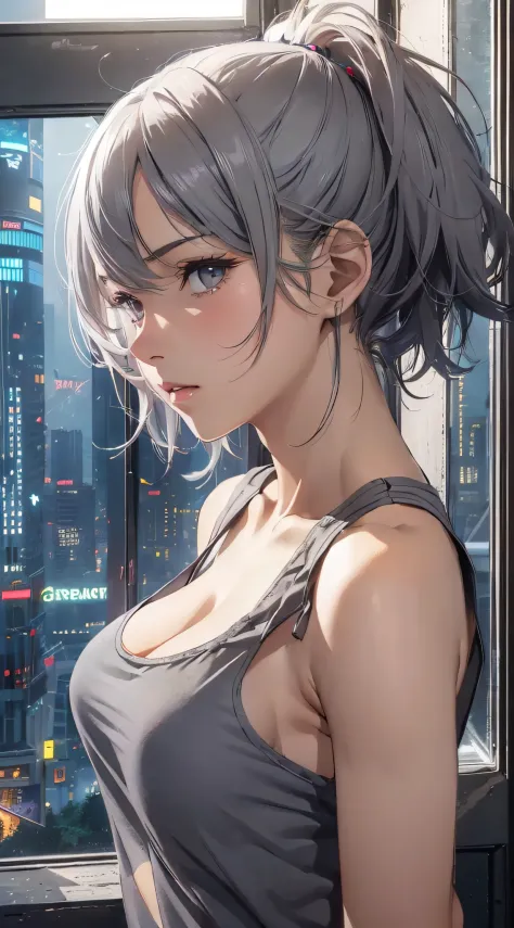 Sareme、((Beautiful woman wearing a gray tank top:1.3))、((NSFW))、Asymmetrical hair,、Lover's perspective、cleavage of the breast、a ...