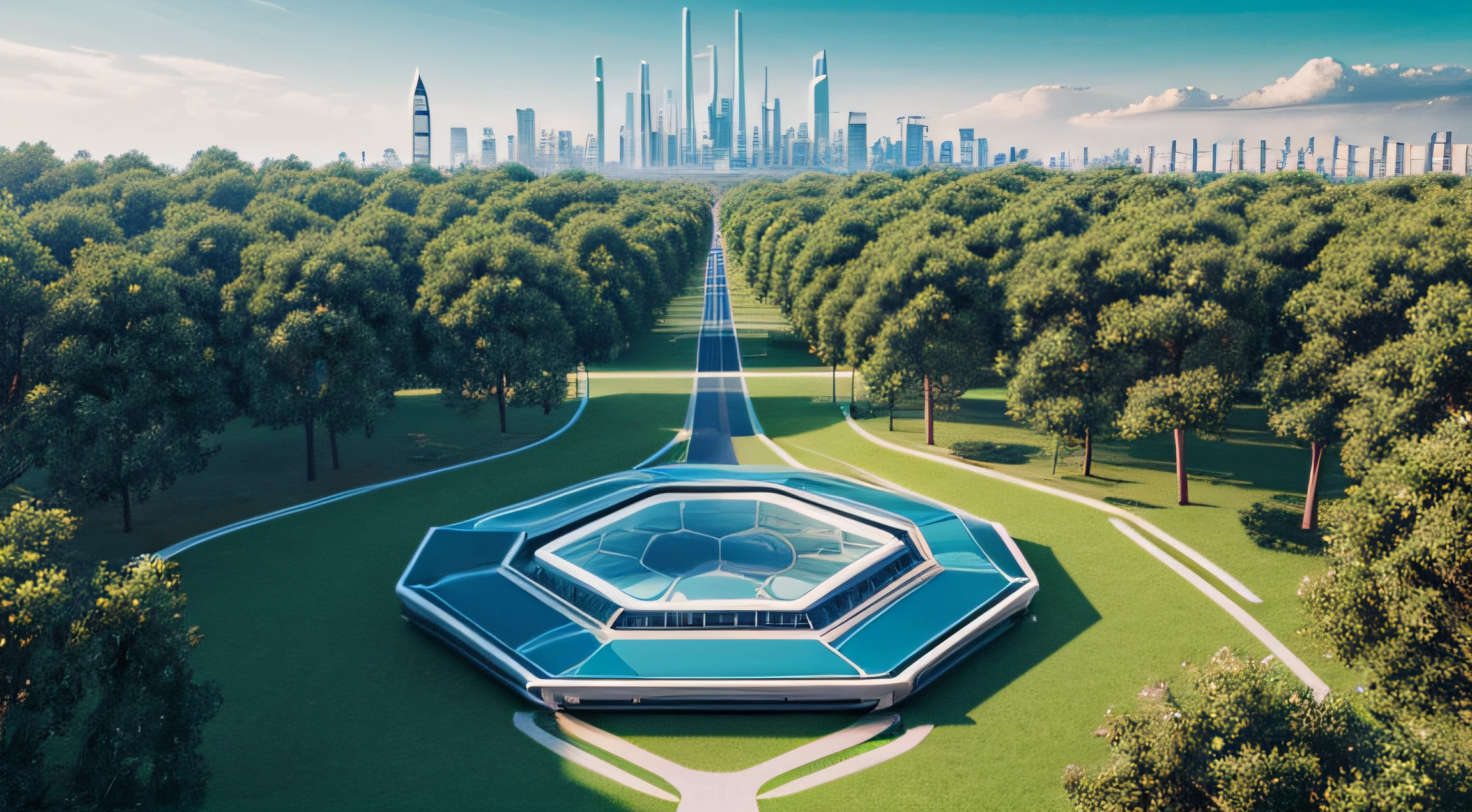 a futurisitc image frame in the shape of a hexagon, in a utopian city pack, clean, bright, technological, utopia, trees, photorealistic