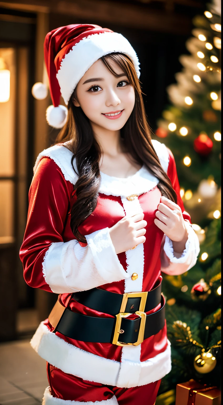 A close up of a woman in a santa suit posing for a picture - SeaArt AI