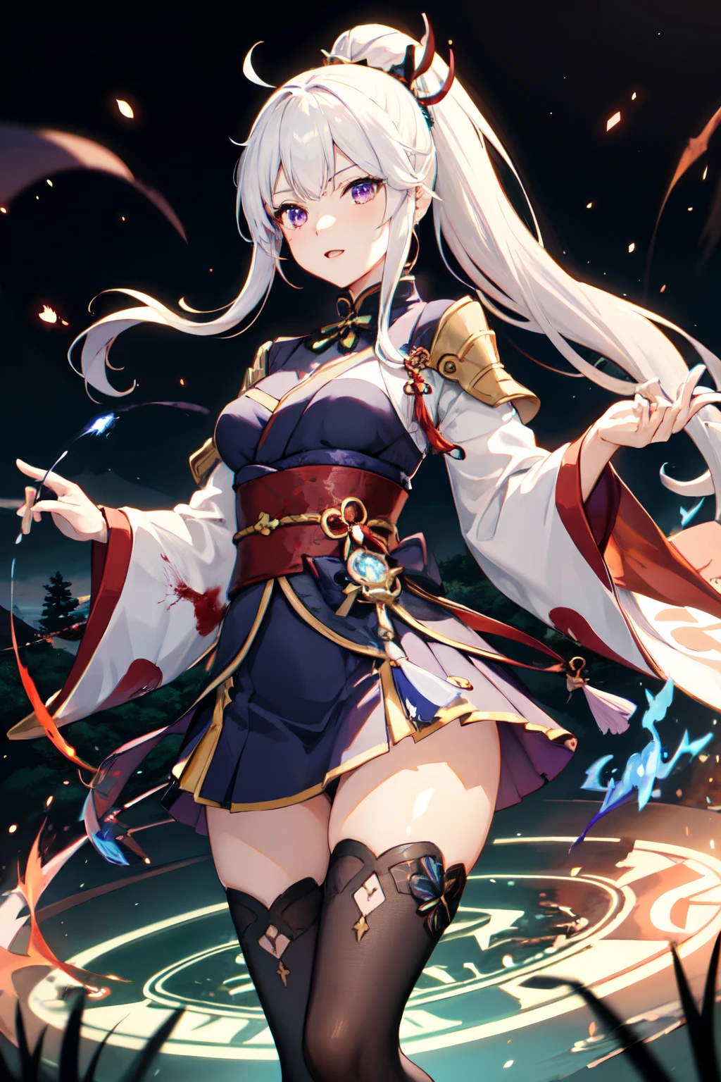 1girl, japanese clothes, ponytail ,white hair, purple eyes, magic circle, blue fire, blue flames, wallpaper, landscape, blood, blood splatter, depth of field, night, light particles, light rays, sidelighting, thighs, fate \(series\), genshin impact, open jacket, skirt, thighhighs, cloud