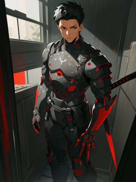 (masterpiece, best quality), black hair, short hair, plant, looking at viewer, red eyes, katana, High-tech armor, reinforced exo...