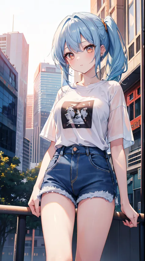 (8K、Top image quality、top-quality、​masterpiece)、1 girl in、blue hairs、side poneyTail、Orange eyes、piercings、Moderately breasts、Big white t-shirt、denim short shorts、cowboy  shot、City background、Taken from below