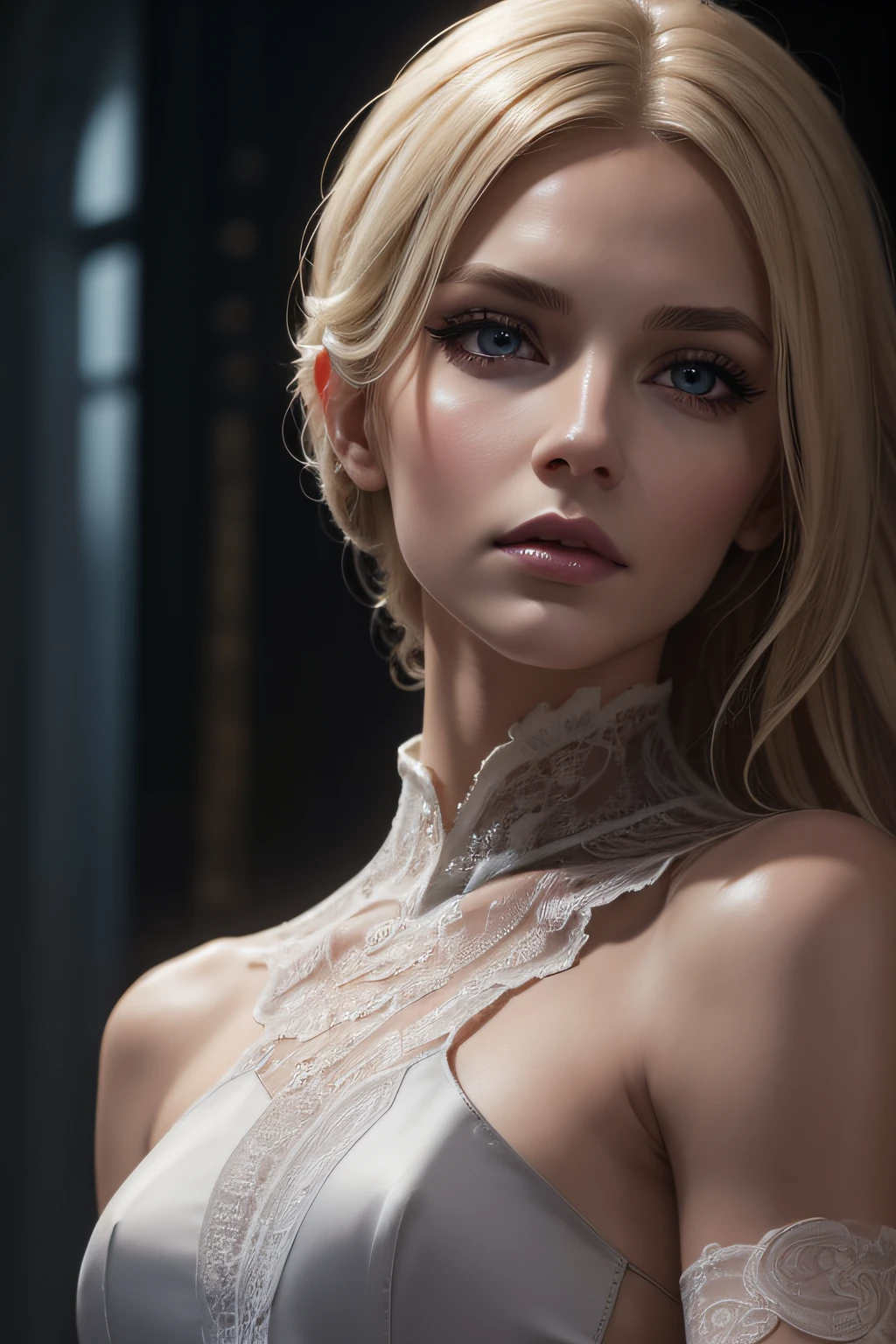 Woman. Blonde. 40 years. Full face. European. Marble skin color. Cold expression. A distant, tired look. Long neat fingers in long silk thin gloves. A slim body. Grey eyes. Long eyelashes. Thin lips.