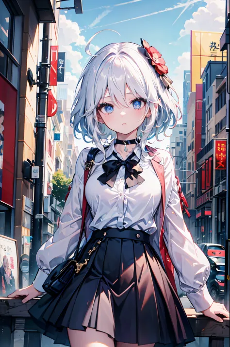 Best quality，tmasterpiece，1个Giant Breast Girl，White hair，messy  hair，curled_the hair，The shirt，a skirt，only，Jie Kang，Red_the bow...