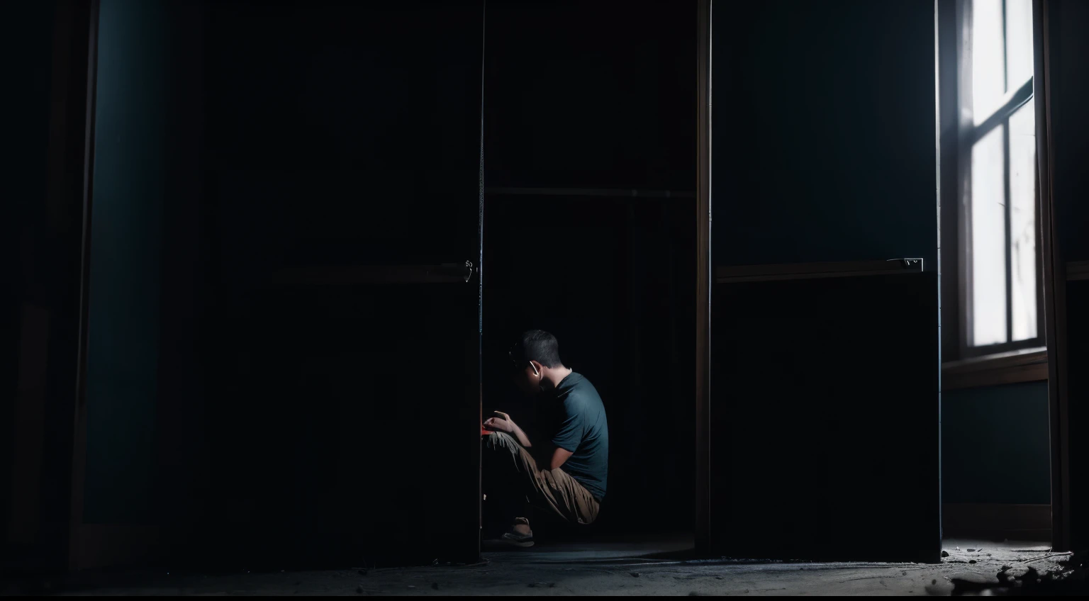 A man kneeling in a dark room with a window and a phone - SeaArt AI