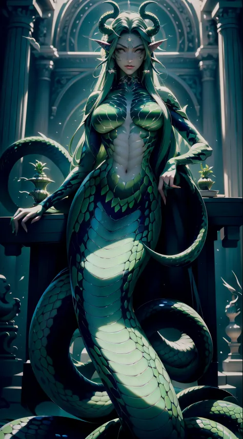 （Medusa in Greek mythology），((Best quality)), ((Masterpiece)), ((Photorealsitic)), Medusa，full bodyesbian，The hair is made up of countless small snakes, full bodyesbian，Green eyes，Female face, Scales all over the body,Large chest and thin waist，（mermaids:1...