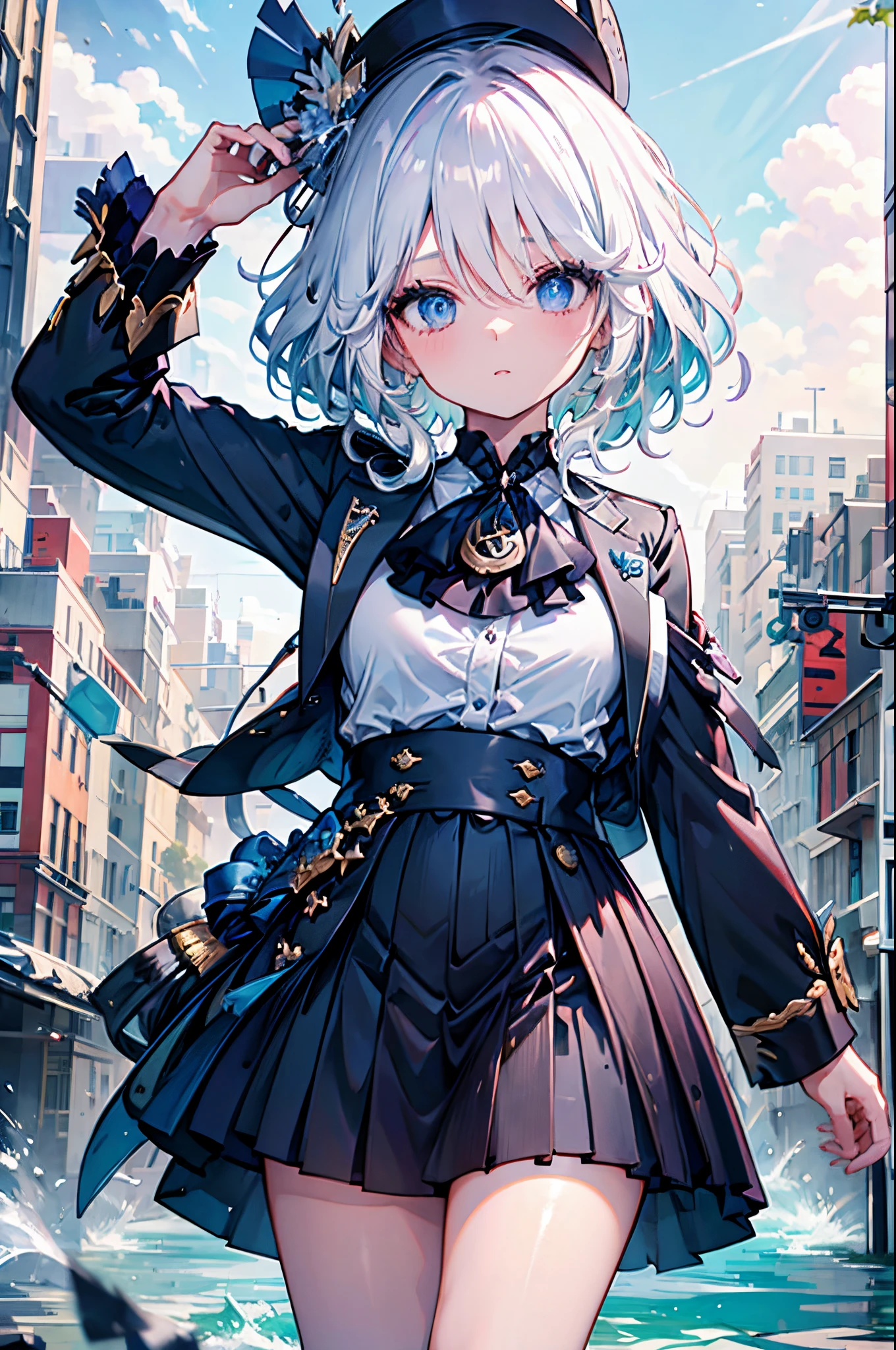 Best quality at best，tmasterpiece，1 plump girl，White hair，messy  hair，curly_the hair，The shirt，Business suit，only，Kangjie，Wrist watch，choker necklace，looking over city，8K original image，超高分辨率，highest details，复杂，8K，HighDynamicRange