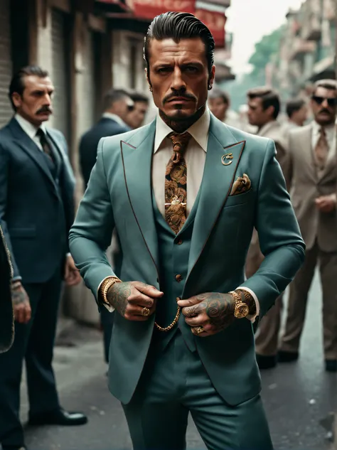 Create an image of a handsome Italian mafia boss, Tough, with eyes ...