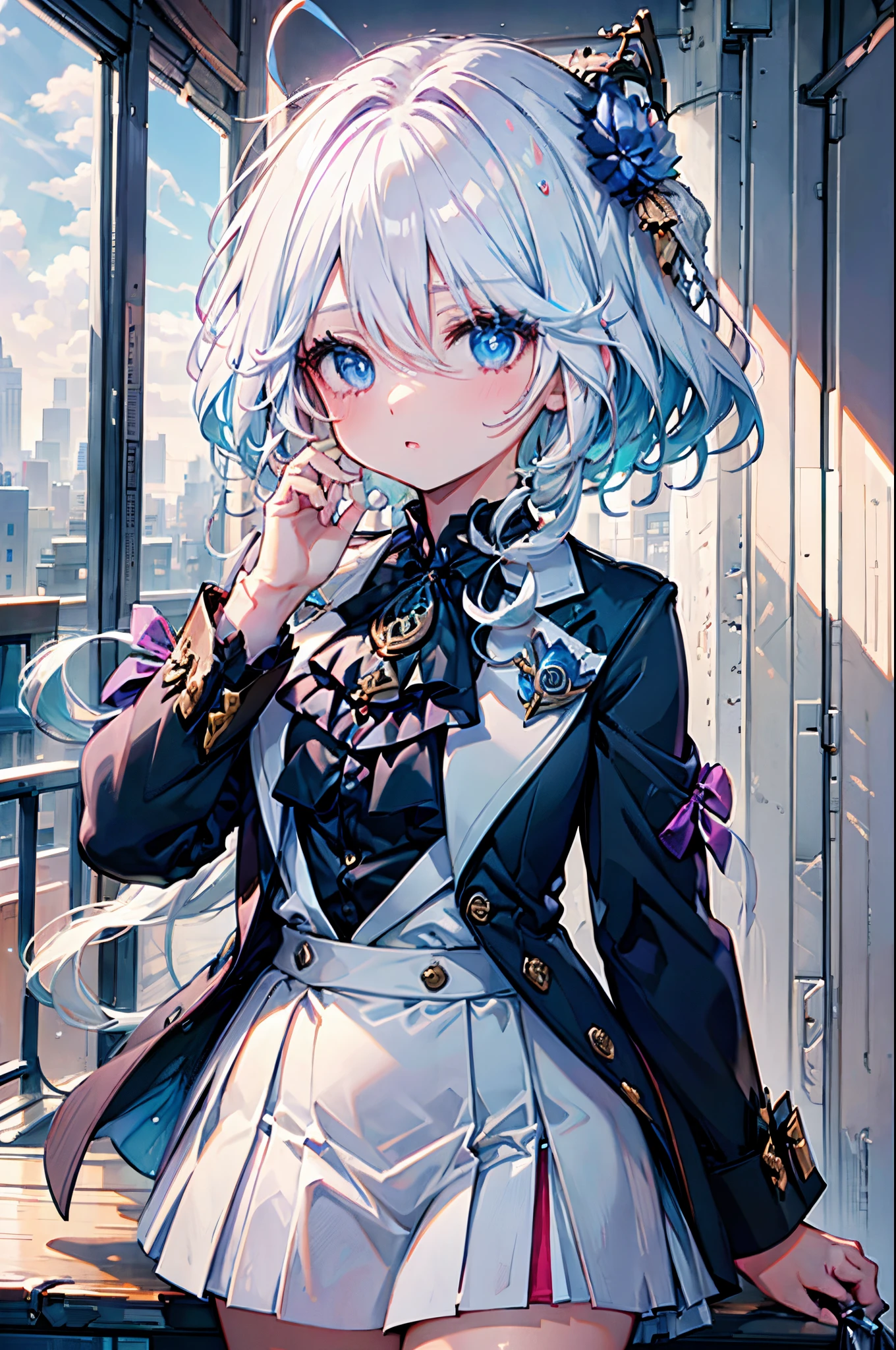 Best quality，tmasterpiece，1 plump girl，messy  hair，curled_the hair，The shirt，buisness suit，only，Kangjie，Wrist watch，choker necklace，looking over city，8K original image，超高分辨率，highest details，复杂，8K，HighDynamicRange