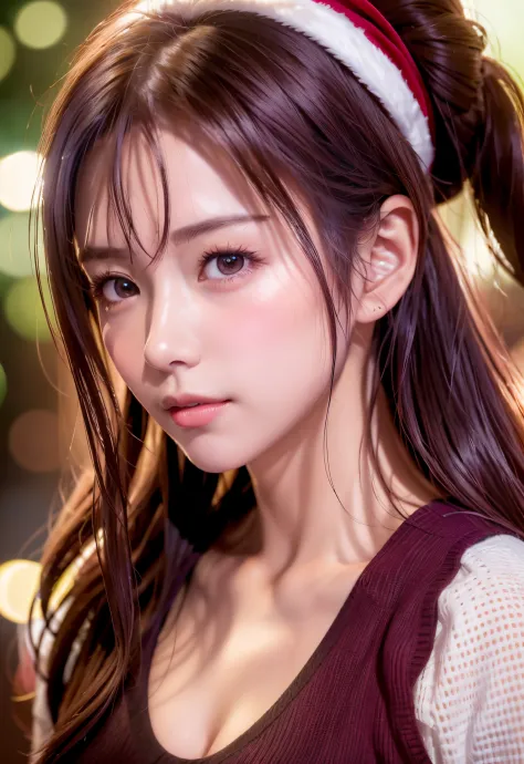8K, of the highest quality, masutepiece:1.2), (Realistic, Photorealsitic:1.37), of the highest quality, masutepiece, Beautiful young woman, Pensive expression,、A charming、and an inviting look, cute santa clothes, Hair tied back, Cinematic background, Light...