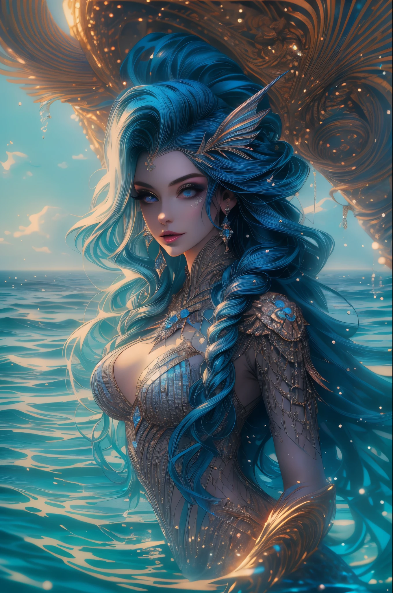 ( Absurd , High quality , ultra detailed, careful with hand ) Mermaid , mermaid tail , dreamy , vivid, romantic, whole body . Optimistic, fair-minded, funny and intellectual face . Reckless, cold-hearted, impatient, overconfident style . Mature , Dark blue eyes (eyes detail) , long hair , deep blue hair with bling bling , in the ocean , water