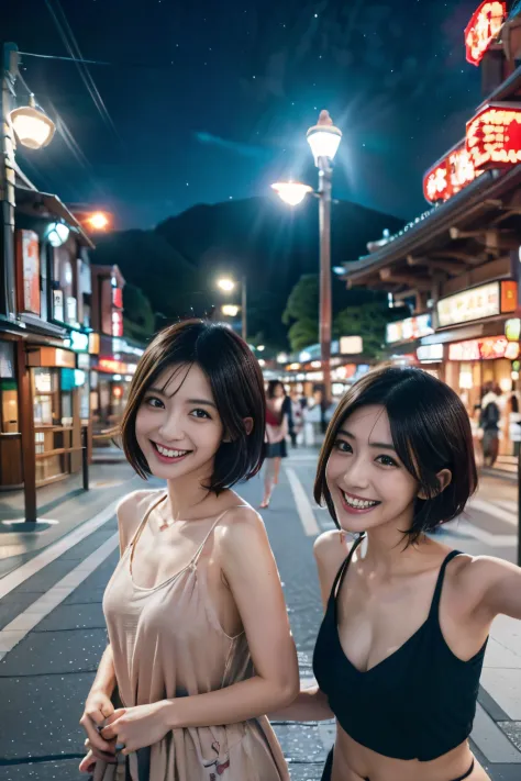 two people having fun at a theme park at night、aya yamamoto and jurina matsui、beautuful women、short-haired、beautiful japan actre...