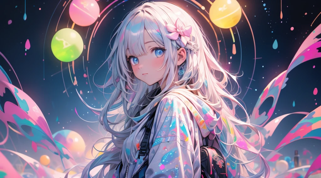 Masterpiece designs by the world's top AI artists, top-quality, 8K, High image quality, (Paint splashes)，Colorful ，Glow Color，lamplight，The Girl，(full body Esbian)，Look at the camera，Slime Girl，Glass-like outfits，Sleeves glow，large round eyes，cute little，The sky is wide，Interdimensional space、Fractal Art，Cyber City