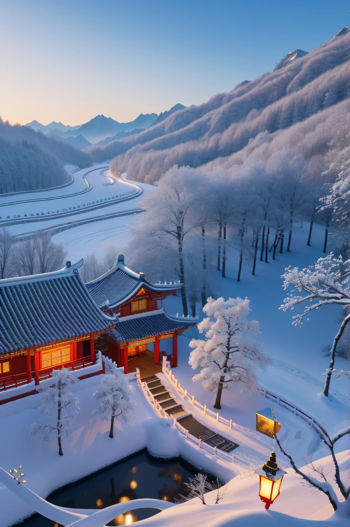 (Best quality at best, 4K, 8K, A high resolution, tmasterpiece: 1.2), ultra - detailed, (actual, actual, actual: 1.37), yuki, pylons, peaceful scenery, Winding paths, traditional chinese art, Surreal , The art of detail, tranquil ambiance, Homem-Imponente, snow covered roof, frost tree, Peaceful solitude, great scenery, Frozen Wonderland, digitial painting, lamplight, gentlesoftlighting, dramatic shadow, Subtle colors , Harmonious composition, EtherealBeauty, nonrealistic, This work is huge, detailed meticulous, Impressive depth, Rich layers of brushstrokes、vividness, create a sense of tranquility、A feeling of tranquility, Immerse the viewer in peace、Peaceful atmosphere. This scene draws the viewer’s attention to the intricate details of the work, Creates a magical and peaceful atmosphere. enchanting atmosphere, Highlighting the beauty and grandeur of the tower, Show the beauty of snow scenery, Convey feelings of awe and wonder, Inviting viewers to explore the scene and discover its hidden treasures, When the viewer carefully observes the snow path，Leaves a lasting impression of tranquility and beauty, Stroll along the path, Explore the wonders of ice and snow, Enjoy the serenity of winter beauty.