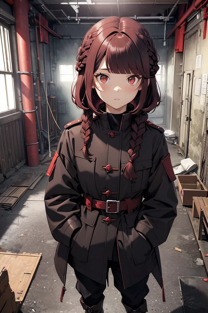 dark red hair, full body Esbian, fluffy hair, Layered Bob, ((Braided shorthair)), ((Braiding bangs)), (a short bob), ((Black long coat)), ruins, inside in room, Slightly red tide, Rin々Facial expressions, ((Perspective from above)), ((Black military uniform)), hands in the pocket, Brown boots, Fishing eyes