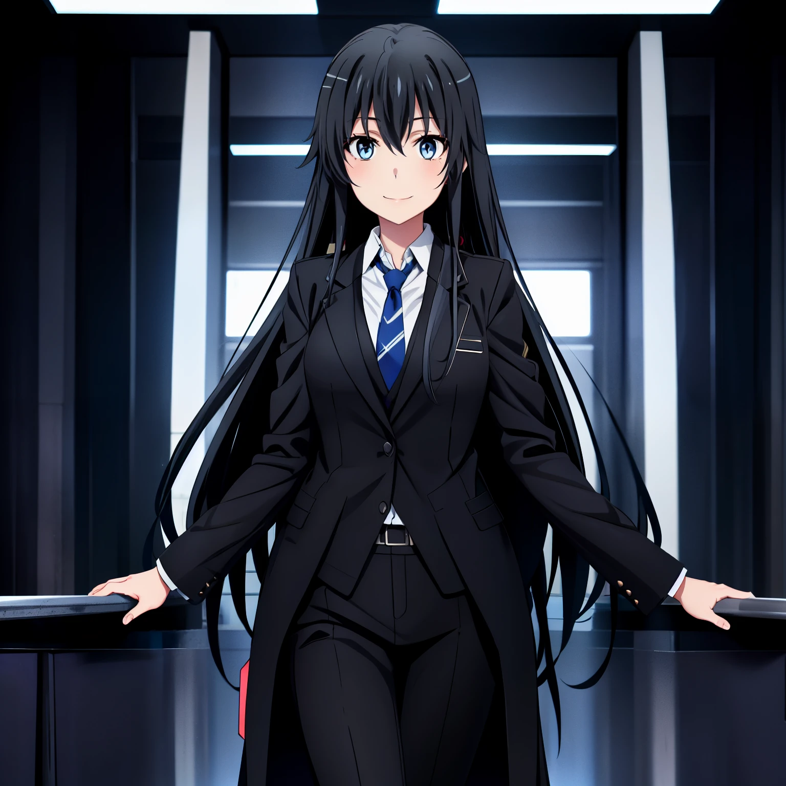 1girl , Yukinoshita Yukino ,A woman wearing a business suit and long coat stands in a large gap in the room, 1girl, 独奏, necktie, Black hair, eyes blue, long  hair, smile, jacket, looking at the scenes