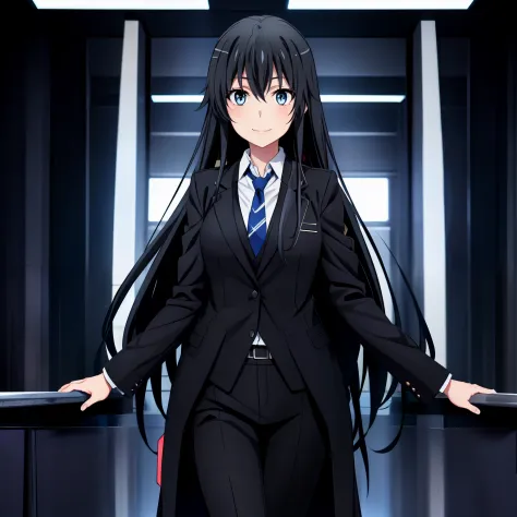 1girl , Yukinoshita Yukino ,A woman wearing a business suit and long coat stands in a large gap in the room, 1girl, 独奏, necktie,...